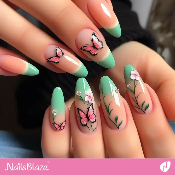 Peach Fuzz Butterfly Nails with Green Tips | Color of the Year 2024 - NB1799